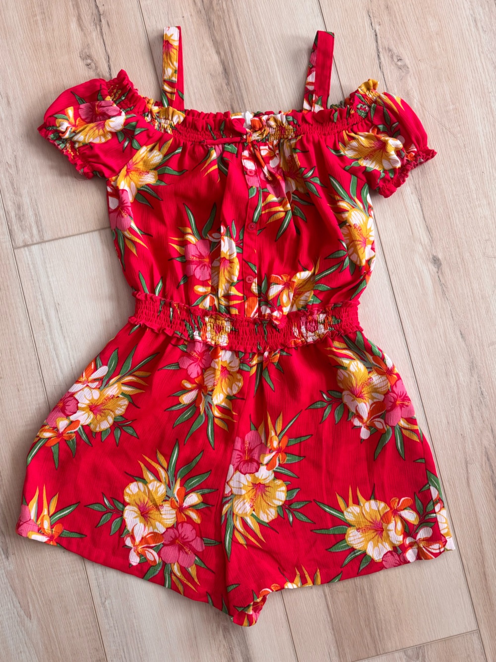 BCBGirls Hot Pink Tropical Floral Off-Shoulder Romper. Girls Large (14/16)